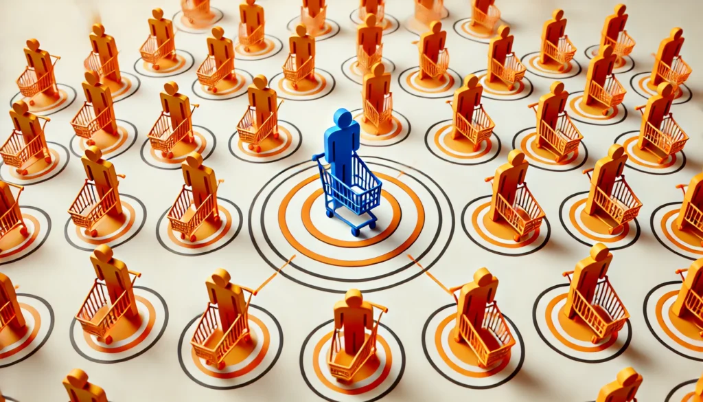 público-alvo - Boneco azul com carrinho de compra ao redor de outros bonecos laranjas