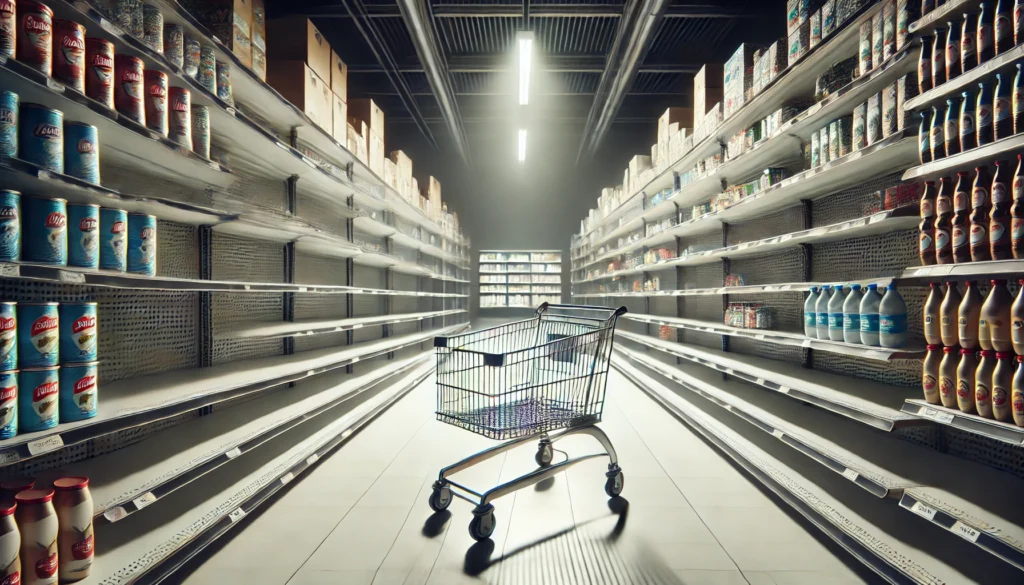 ruptura de estoque - carrinho de compras no corredor entre prateleiras